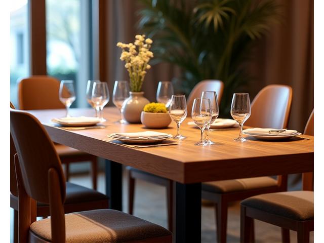 따뜻한 원목 식탁과 의자가 있는 다이닝룸